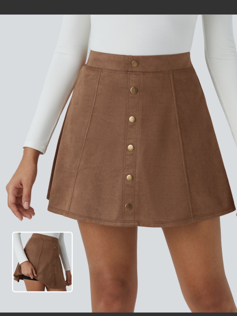 HALARA Brown Suede-Look Button Front Skater Skirt
